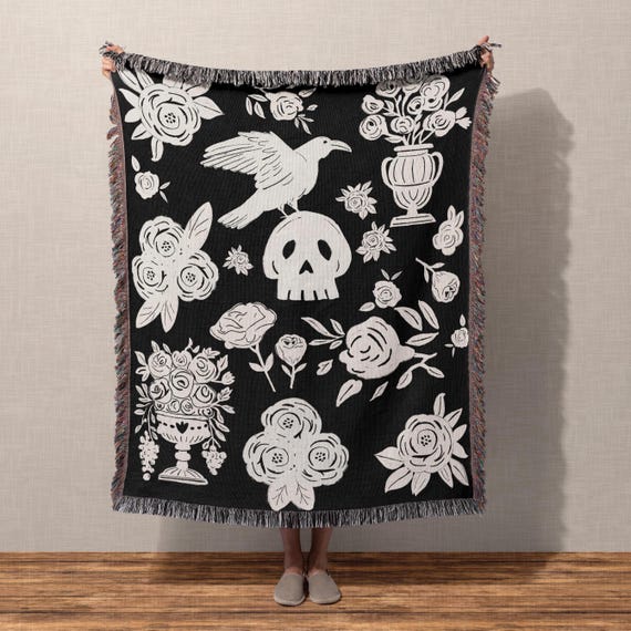 Skull and Raven Woven Throw Blanket, Gothic Black and Cream Cotton Wall Art Tapestry