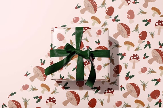 Mushroom Christmas Wrapping Paper Roll, Toadstool Woodland Holiday Gift Wrap, Merry Pinkmas Pink, Green, Red Modern Xmas Aesthetic