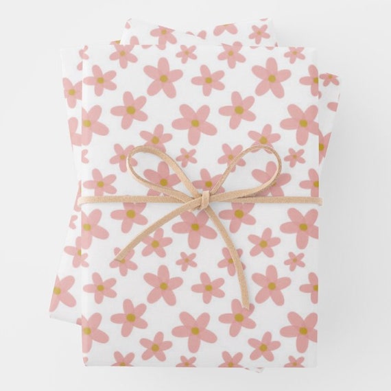 Retro Pink Daisy Wrapping Paper | Groovy Flower Power Gift Wrap | Thick Sheets | Birthday Boho Aesthetic | Pink White Green | Modern Floral