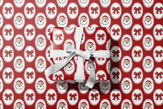 Retro Santa Christmas Wrapping Paper, Premium Red Vintage Holiday Gift Wrap