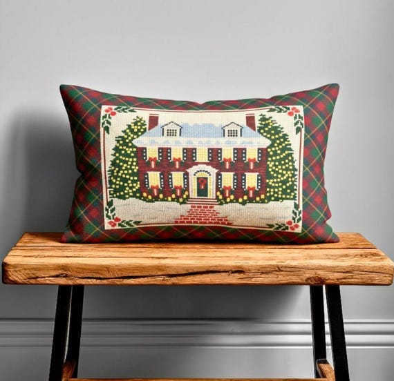 Colonial Christmas House Lumbar Pillow 14 x 20, Traditional Classic Holiday Living Room Bedroom Decor