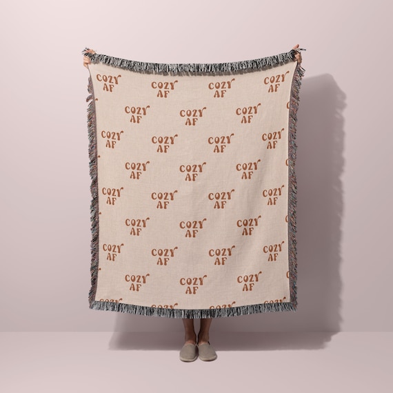 Boho Cozy AF Woven Throw Blanket | Cute Living Room Cozy Decor 100% Cotton High Quality Made in the USA | Gift for Mom, Girlfriend, Aunt