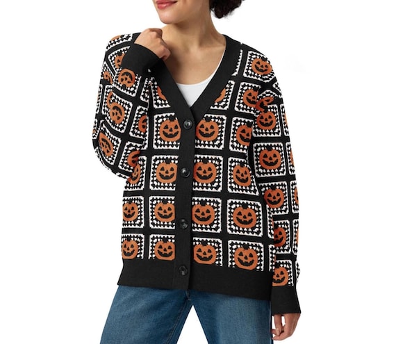 HALLOWEEN CARDIGAN SWEATER : Vintage Pumpkin Granny Square Style Knit Unisex Sweater