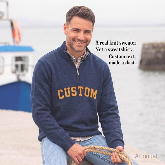 Personalized Quarter Zip Sweater, Custom Knit Text Pullover, Unisex 2XS to 3XL