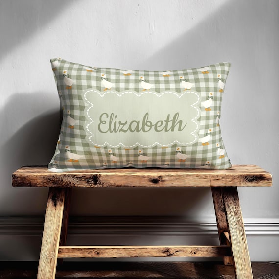 Personalized Goose Pillow Sage Green Gingham Baby Nursery Decor, Custom Name Lumbar Pillow
