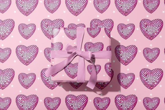 PINK DISCO HEART Valentine Wrapping Paper, Disco Ball Hearts, Cute Valentine Thick Gift Wrap Rolled Sheet, Anniversary, Birthday, Galentine