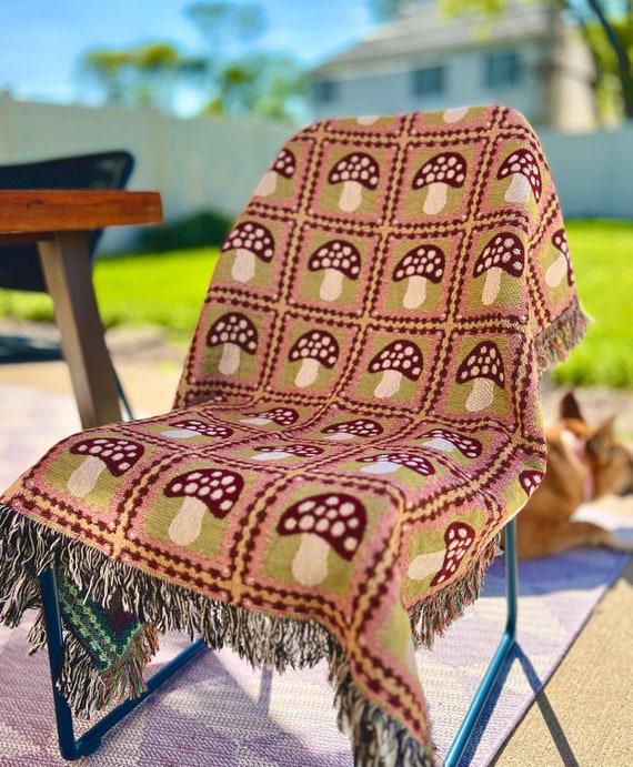 Retro Mushroom Granny Square Woven Throw Blanket Maximalist Decor Groovy Woodland Decor Git Heirloom Quality Cottagecore Decor Made in USA