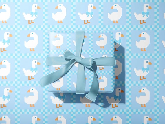 Cottagecore Goose Baby Shower Gift Wrapping Paper, Coquette Bow and Checkerboard Blue Country Cottage Luxury Gift Wrap,