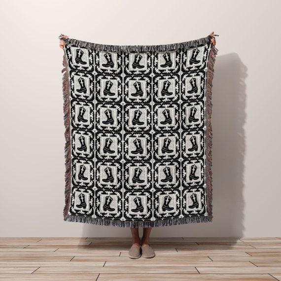 Cowboy Boot Woven Throw Blanket Western Patchwork Tapestry Wall Art, Country Western Cowboy Aesthetic | Black and White Decor | Cowgirl boot