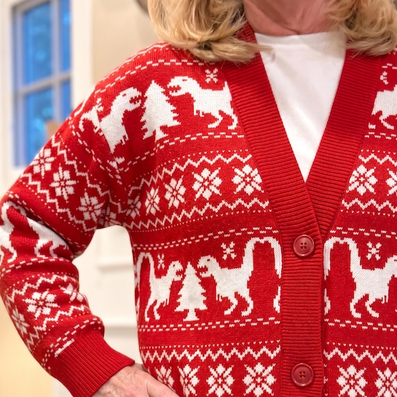 Dinosaur Christmas Cardigan, Unisex Fair Isle Knit Sweater with T-Rex, Pine Trees, and Snowflakes