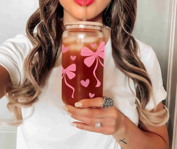 Pink Bow Cup DISHWASHER SAFE Coquette Cup | Cute Bow Heart Glass 16 oz Tumbler with Lid | Girly Aesthetic Gift for Mom Sister Best Friend
