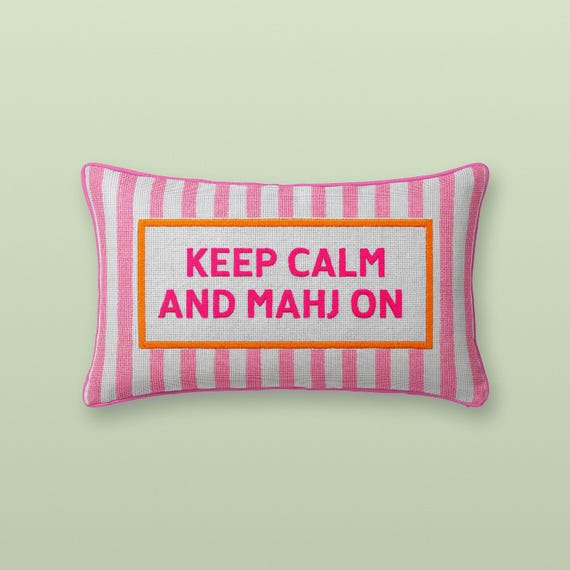 Mahjong Lumbar Pillow, Pink Striped Cotton Blend, PRINTED design Keep Calm and Mahj On, 16x26