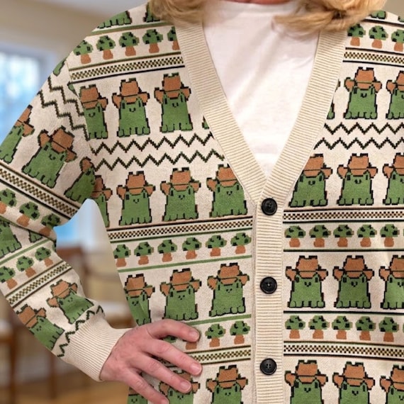 Knit Cardigan Sweater Cowboy Frog Fair Isle, Green and Tan Cotton Blend