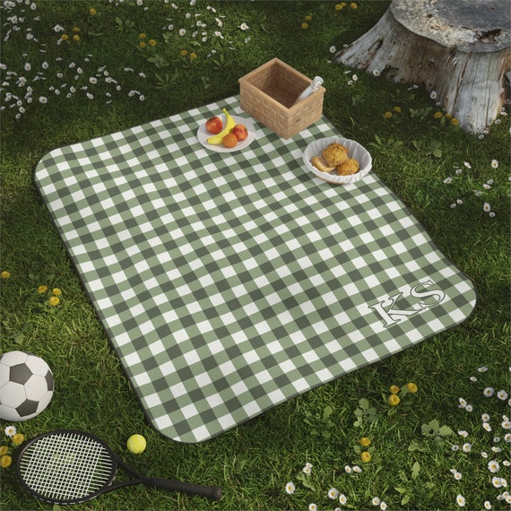Mother's Day Blanket PERSONALIZED PICNIC BLANKET Sage Green Gingham| Monogrammed Cottagecore Custom Blanket Green Checkered Retro Vintage