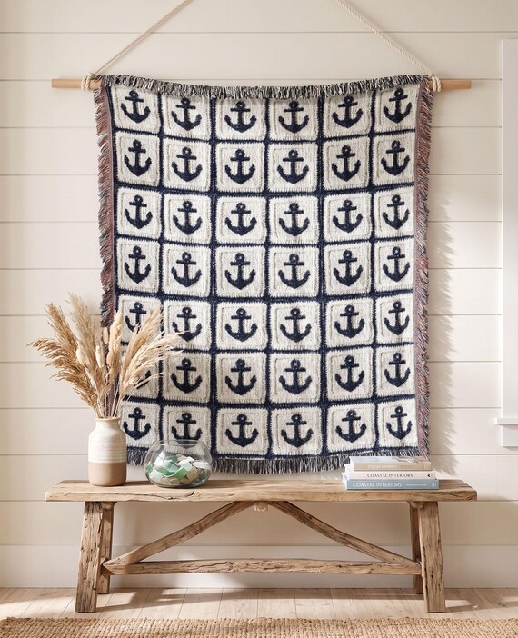 Woven Cotton Anchor Throw Blanket, Coastal Nautical Decor Beach House Wall Tapestry Made in the USA