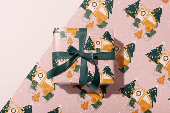 Retro Camper Christmas Holiday Wrapping Paper | Thick Quality Rolled Sheets | Groovy 70s Xmas Aesthetic, Cute Unique Gift Wrap, Pink Orange