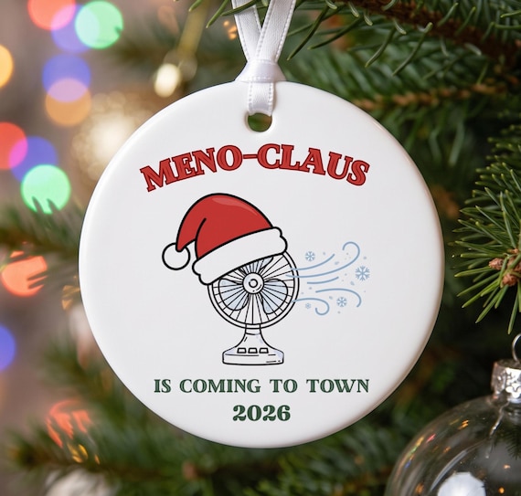 PeriMenopause Christmas Ornament, Funny Hot Flash Fan in Santa Hat, 2026 3 Inch Ceramic