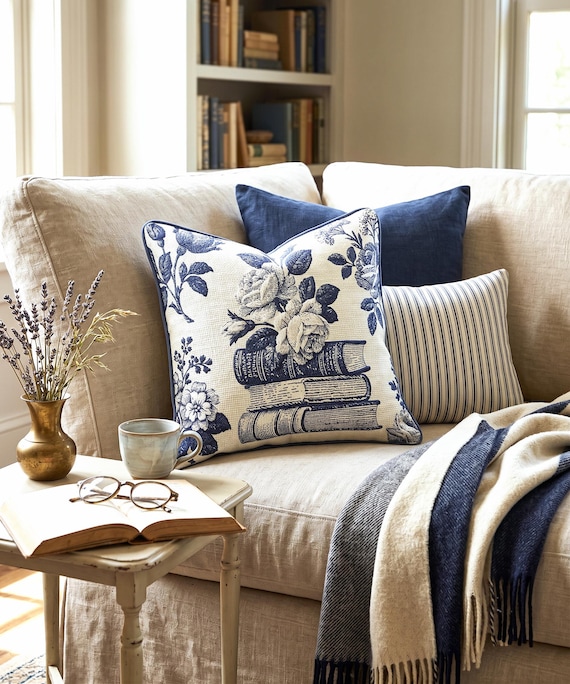 Blue and White Toile Throw Pillow, Vintage Books and Roses Cotton with Piped Edge