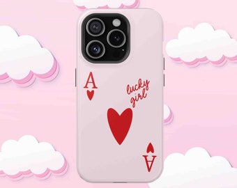 Cute Phone Case for iPhone 13 14 15 16 Pro Max ToughCase Magnetic Phone Case Lucky Girl Ace Hearts Preppy Girly Aesthetic Pink Red Gift y2k