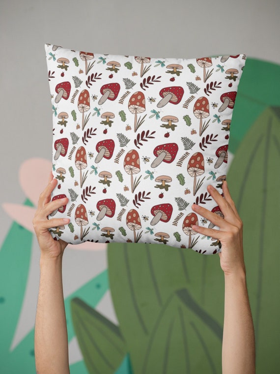 Mushroom Decor Square Pillow, Toadstool Pattern Couch Sofa Cushion, Kids Room Storybook Theme 14 x 14