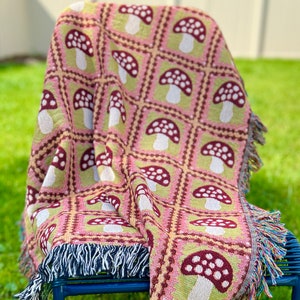 Retro Mushroom Granny Square Woven Throw Blanket | Groovy Woodland Decor | Git for Mom, Grandma, Sister, Wife | Cozy Cottagecore Decor