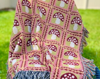 Retro Mushroom Granny Square Woven Throw Blanket | Groovy Woodland Decor | Git for Mom, Grandma, Sister, Wife | Cozy Cottagecore Decor