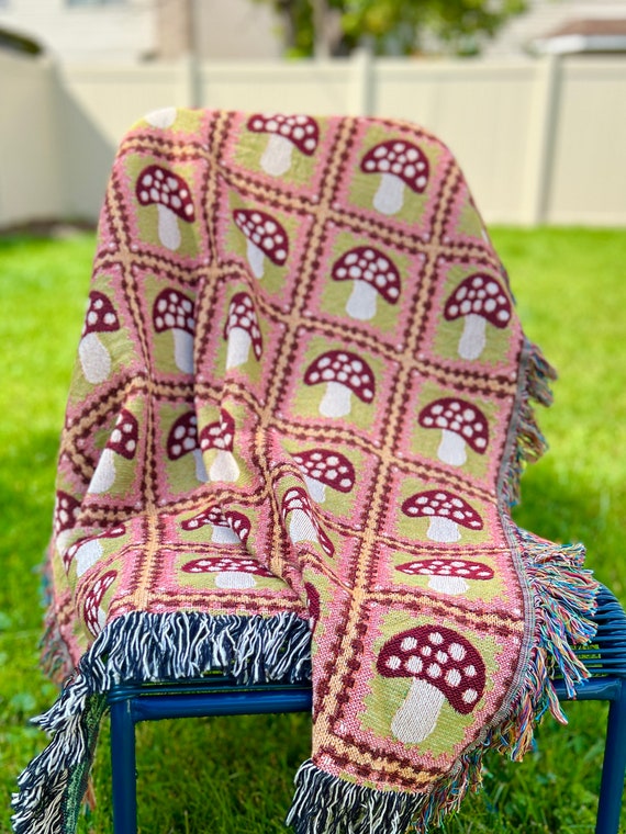Retro Mushroom Granny Square Woven Throw Blanket | Groovy Woodland Decor | Git for Mom, Grandma, Sister, Wife | Cozy Cottagecore Decor