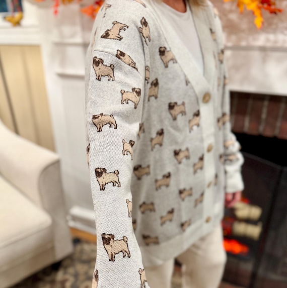 PUG SWEATER Cardigan Dog Button Up Cardi, Unisex Cute Cozy Dog Lightweight Sweater Knitted Cardigan, Pug Lover Gift Pug Mom Gift Knitwear
