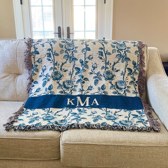 Custom Throw Blanket Monogram Blue Chinoiserie Floral Throw Blanket | Personalized Grand Millennial Toile Bedding New Home Gift Blanket