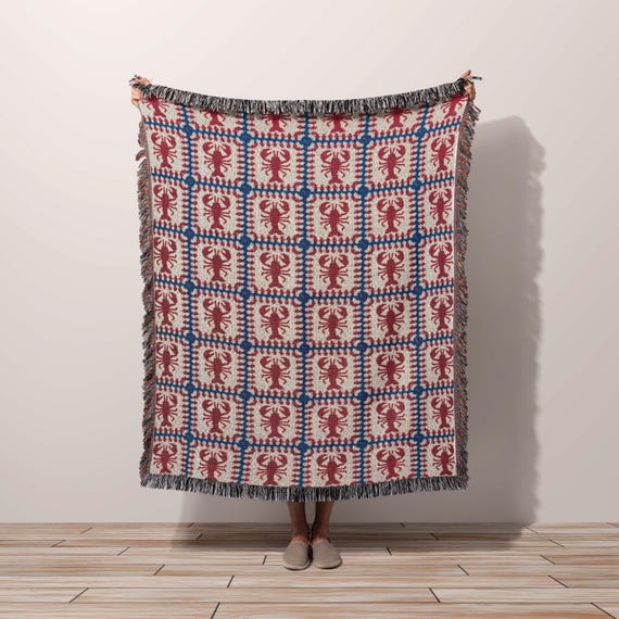 Lobster Granny Square Woven Throw Blanket, Fisherman Coastal Cottagecore Decor Gift