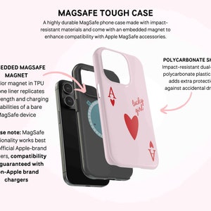 May include: A pink phone case with a playing card design. The case has a built-in magnet for use with MagSafe accessories. The case is made of impact-resistant polycarbonate and TPU.