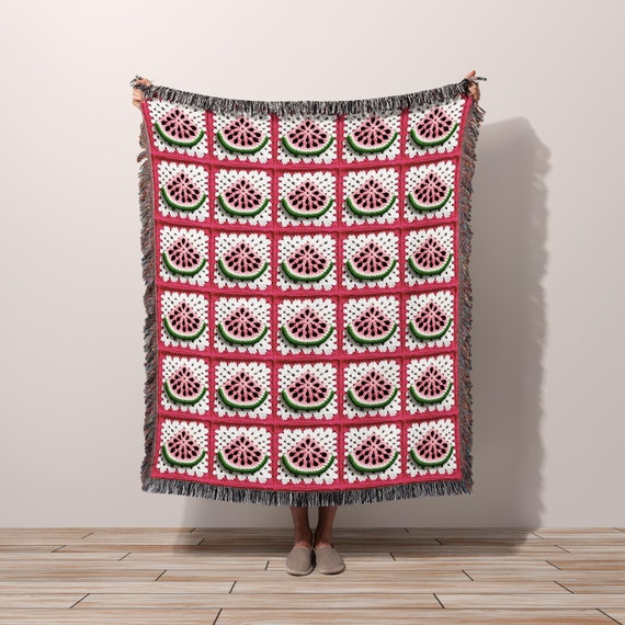 Cotton Woven Throw Blanket, Picnic Blanket Watermelon Granny Square Summer Fruit Aesthetic, Dorm Room Decor, New Home Gift Idea eclectic art