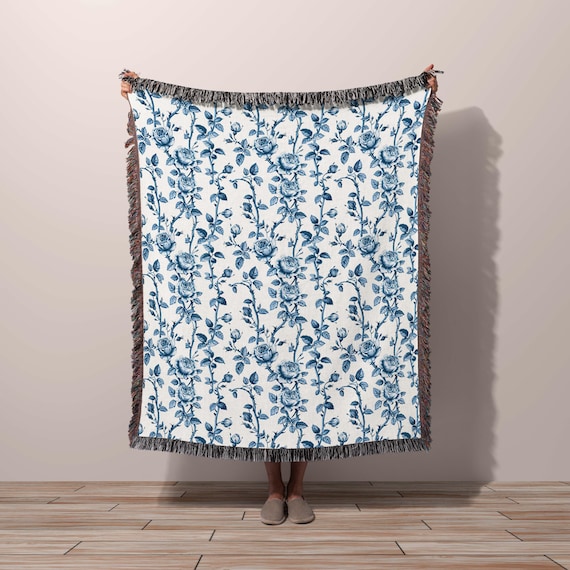 Blue Toile Throw Blanket Blue White Chinoiserie Floral Bedding Gift for Mom Wife Grandmother Traditional French Country Rococo Aesthetic