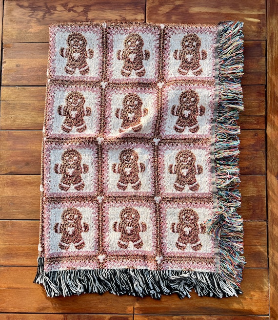 Christmas Blanket Gingerbread Granny Square Woven Throw Christmas Blanket Retro Cottagecore Holiday Blanket Winter Holiday Bedding Decor