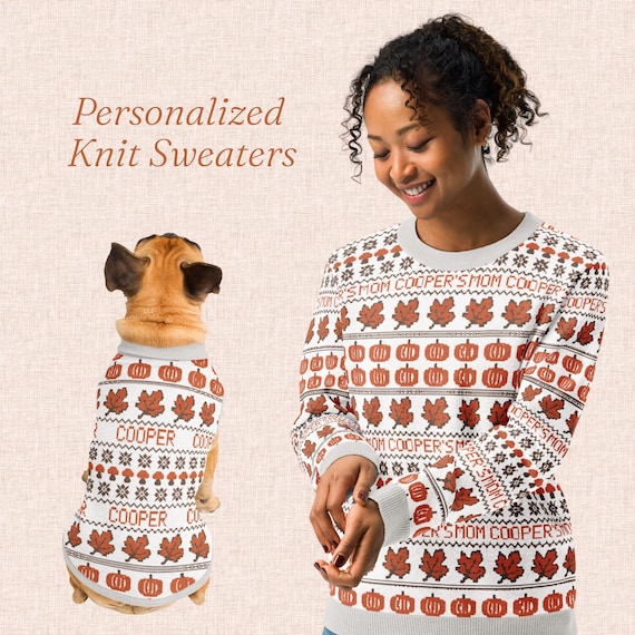 Personalized Matching Dog Mom Knit Sweater Set, Fall Fair Isle Dog Sweater, Custom Name Knit, Gotcha Day Dog Gift, Crewneck or Cardigan