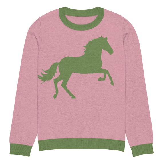KNIT SWEATER HORSE Girl Cozy Knitwear, Light Knit Sweater for Fall Autumn Winter, Western Graphic Pink Green Lightweight Layering Sweater
