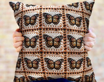 Butterfly Pillow Monarch Butterfly Woven Accent Pillow 70s retro Granny Square Pillow Aesthetic, Fall decor Autumn Home  Decor Boho Vibes
