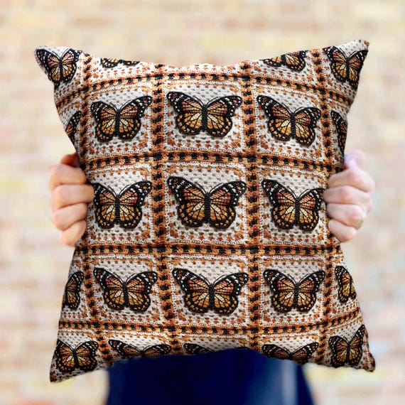 Butterfly Pillow Monarch Butterfly Woven Accent Pillow 70s retro Granny Square Pillow Aesthetic, Fall decor Autumn Home  Decor Boho Vibes