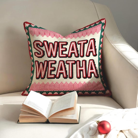 Decorative Throw Pillow Cover, Winter Home Decor, Maximalist Accent Cushion, Winter Holiday Gift, Funny faux embroidered needlepoint pillow
