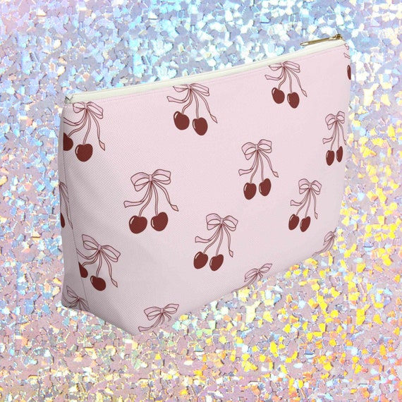 Valentine Gift Red Cherry Pink Bow Coquette Makeup Travel Bag, Coquette Aesthetic Gift, Flat Bottom Travel Cosmetic Purse, Zippered Pouch