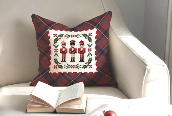 Plaid Nutcracker Throw Pillow Cover, Classic Christmas Tartan Decor, Faux Needlepoint Pillow Christmas Accent Cushion, Cozy Preppy Christmas