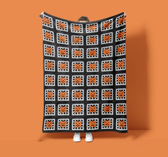 Pumpkin Throw Blanket FAUX Crochet Look Granny Square Soft Velveteen, Cute Halloween Decor for Spooky Season, Jack O Lantern Pumpkin Blanket