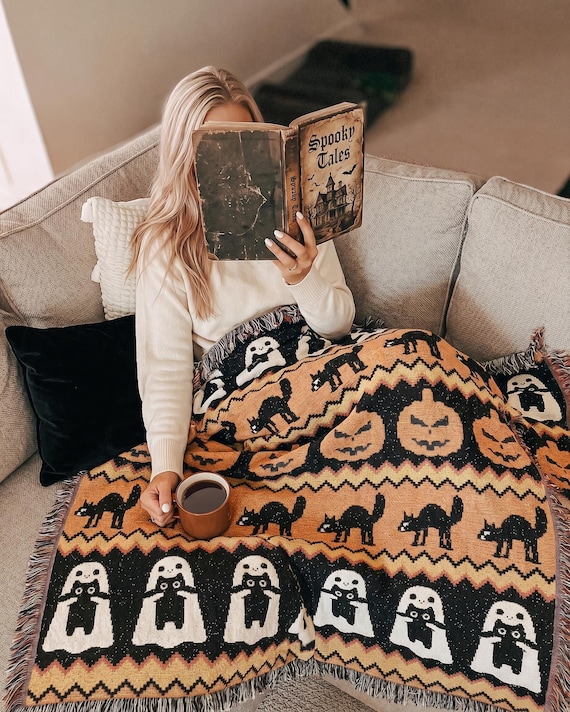Halloween Woven Throw Blanket, Ghost Black Cat and Jack-o-Lantern Stripe, Tan Cream Cotton