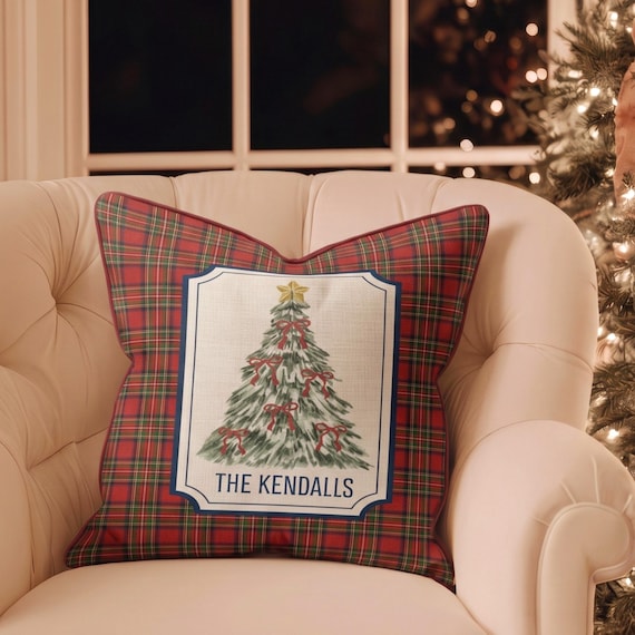 Personalized Christmas Throw Pillow, Navy Tartan Plaid Cotton with Red Piped Edge