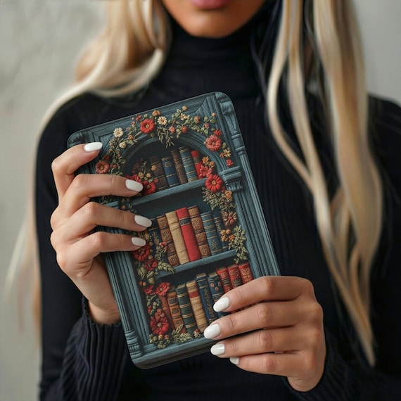 Book Lover Gift Kindle Cover | Dark Academia Floral Bookshelf | Faux Embroidery Design Fits Kindle Paperwhite Case 7 Colorsoft 12th Gen 2024