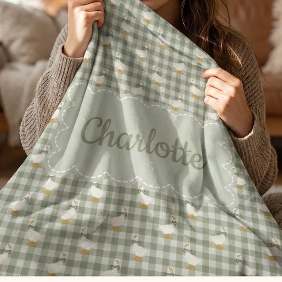 Personalized Sage Green Gingham Goose Baby Blanket, Custom Minky Fleece Nursery Throw