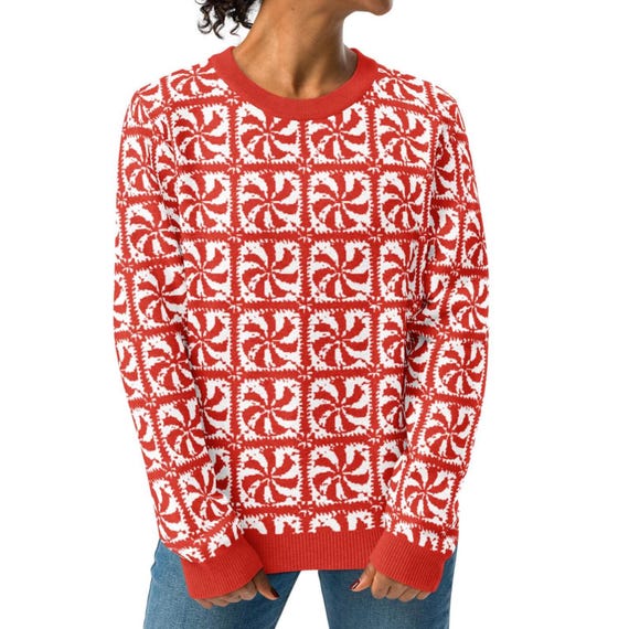CHRISTMAS CARDIGAN SWEATER, Knit Granny Square Style Holiday Sweater, Ugly Christmas Sweater Party Outfit Christmas Peppermint Button Up