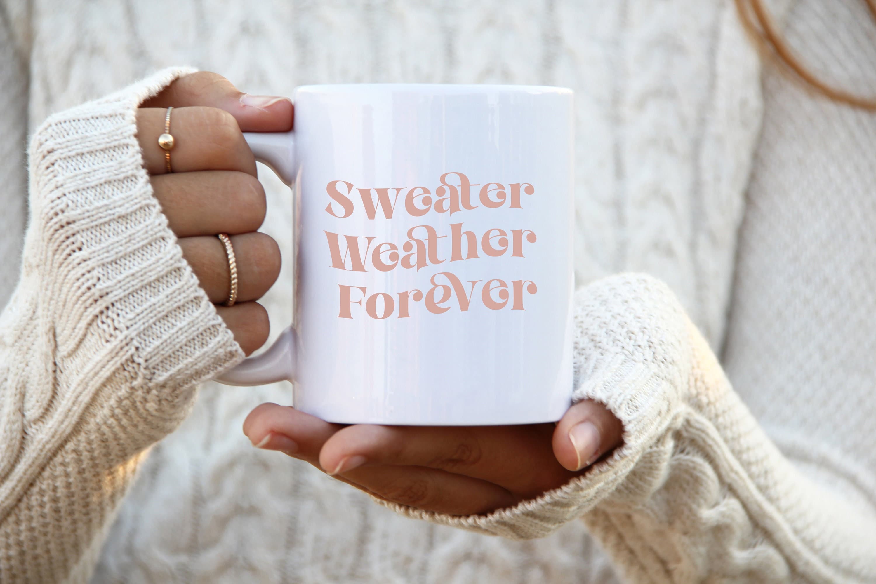 Cute Fall Coffee Mug - 20 oz XL Ceramic Cup Sweater Weather Forever, Boho  Cozy Gift, Simple Autumn Pink Aesthetic