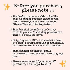 May include: Text on a light pink background reads "Before you purchase, please note..." followed by bullet points about the product's design, production time, and uniqueness. Two gold star illustrations are in the image.