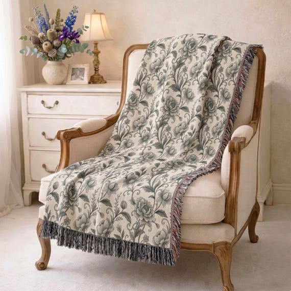 Vintage Botanical Floral Woven Throw Blanket, Sage Green and Ivory Cotton with Fringe